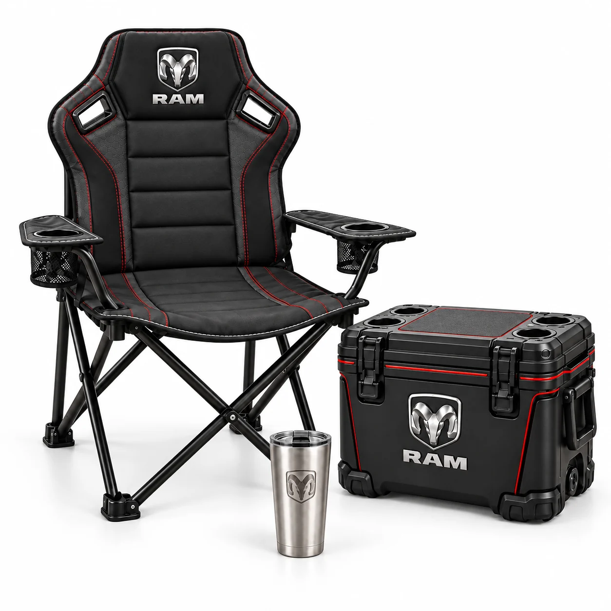Kit PitStop Premium RAM com cadeira preta, cooler e copo térmico